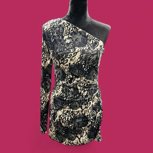 TART Collections One Shoulder Bodycon Dress Snake Print Black Tan Size M NWT